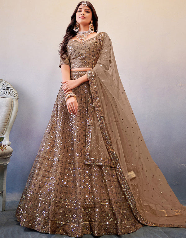 Treding Wedding Wear Heavy Lehenga Choli Collection Light Brown Slub Georgette Lehenga Choli Front View