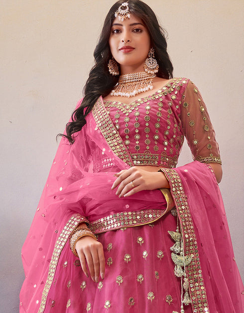 Modren Wedding Wear Heavy Lehenga Choli Collection Pink Net Lehenga Choli Close-up View