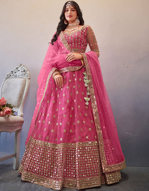 Modren Wedding Wear Heavy Lehenga Choli Collection Pink Net Lehenga Choli Front View