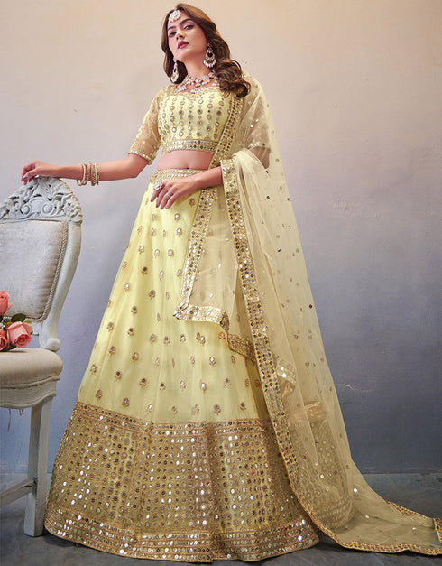 Modren Wedding Wear Heavy Lehenga Choli Collection Light Cream Net Lehenga Choli Front View