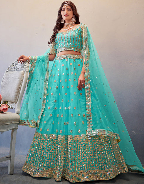 Modren Wedding Wear Heavy Lehenga Choli Collection Sky Blue Net Lehenga Choli Front View