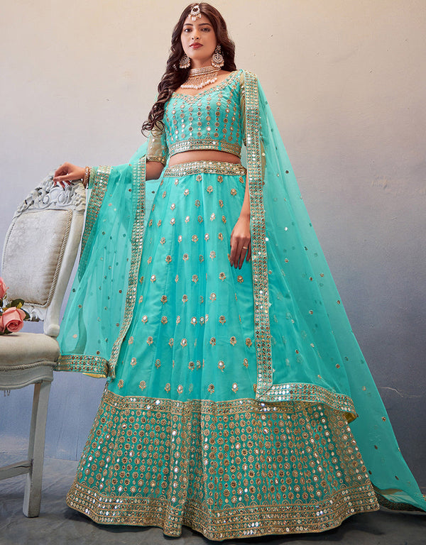 Modren Wedding Wear Heavy Lehenga Choli Collection Sky Blue Net Lehenga Choli Front View