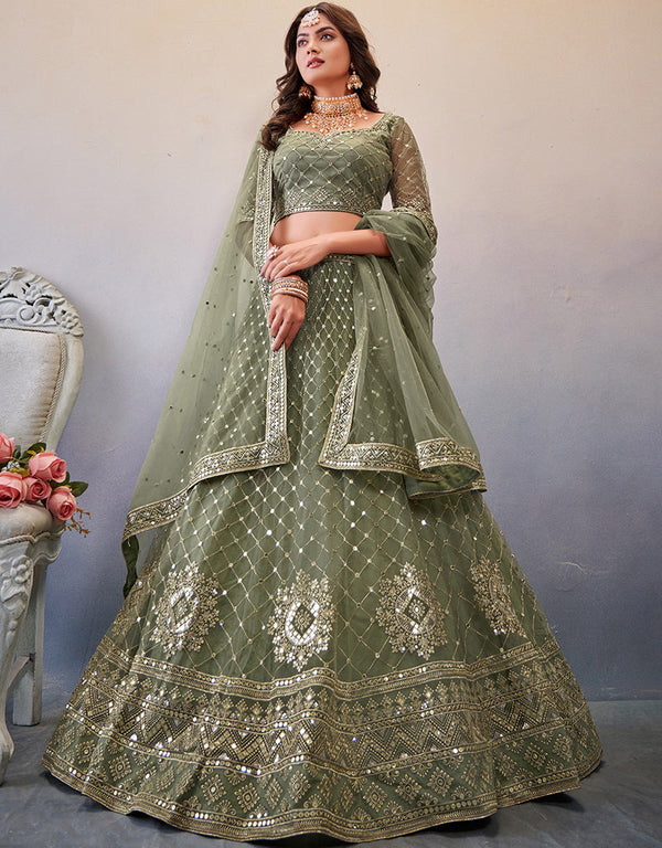 Exclusive Wedding Wear Heavy Lehenga Choli Collection Mehendi Green Net Lehenga Choli Front View