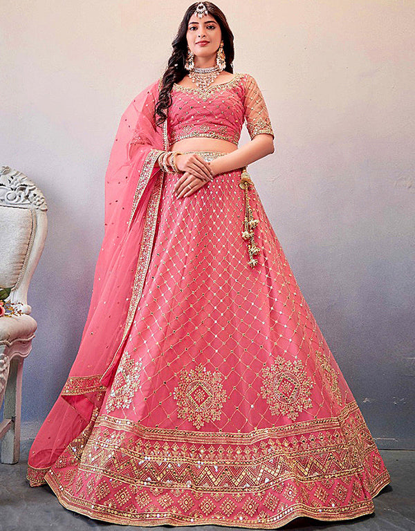 Exclusive Wedding Wear Heavy Lehenga Choli Collection Pink Net Lehenga Choli Front View