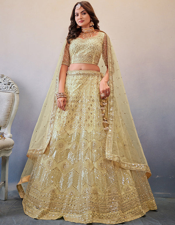 Exclusive Wedding Wear Heavy Lehenga Choli Collection Cream Net Lehenga Choli Front View
