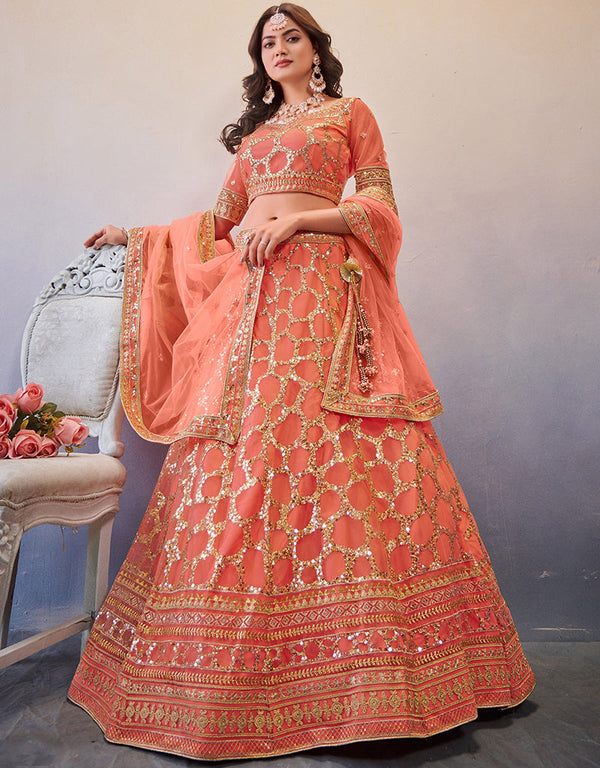 Exclusive Wedding Wear Heavy Lehenga Choli Collection Light Orange Net Lehenga Choli Front View