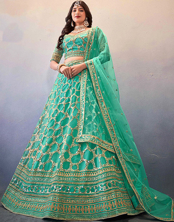 Exclusive Wedding Wear Heavy Lehenga Choli Collection Sky Rama Net Lehenga Choli Front View