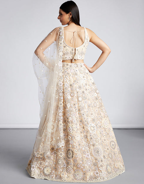 Designer Party Wear Heavy Lehenga Choli Collection Cream Net Lehenga Choli Back View