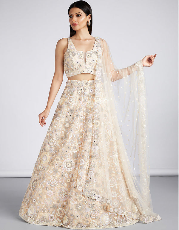 Designer Party Wear Heavy Lehenga Choli Collection Cream Net Lehenga Choli Front View