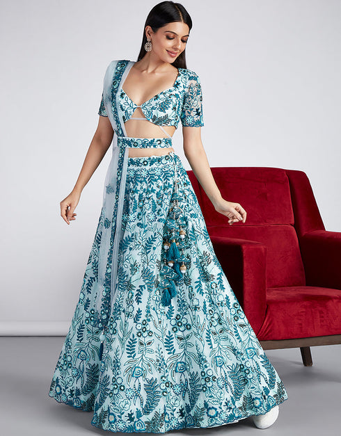 Designer Party Wear Heavy Lehenga Choli Collection Turquoise Blue Net Lehenga Choli Front View