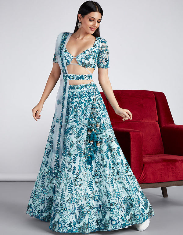 Designer Party Wear Heavy Lehenga Choli Collection Turquoise Blue Net Lehenga Choli Front View