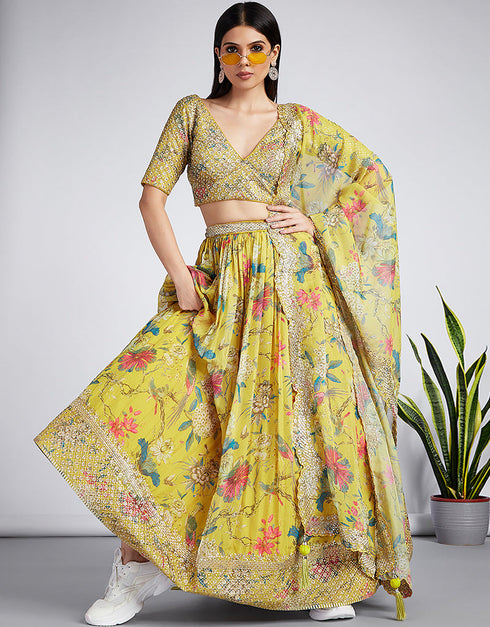 Designer Party Wear Heavy Lehenga Choli Collection Yellow Organza Lehenga Choli Close-up View
