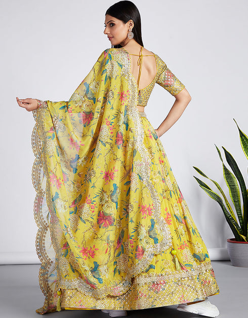 Designer Party Wear Heavy Lehenga Choli Collection Yellow Organza Lehenga Choli Back View