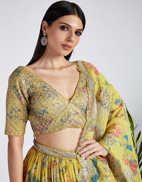 Designer Party Wear Heavy Lehenga Choli Collection Yellow Organza Lehenga Choli Front View