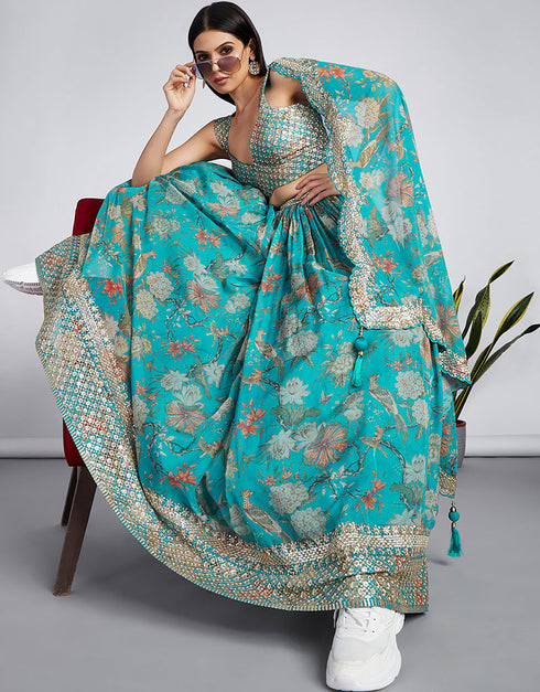Designer Party Wear Heavy Lehenga Choli Collection Sea Green Organza Lehenga Choli Close-up View