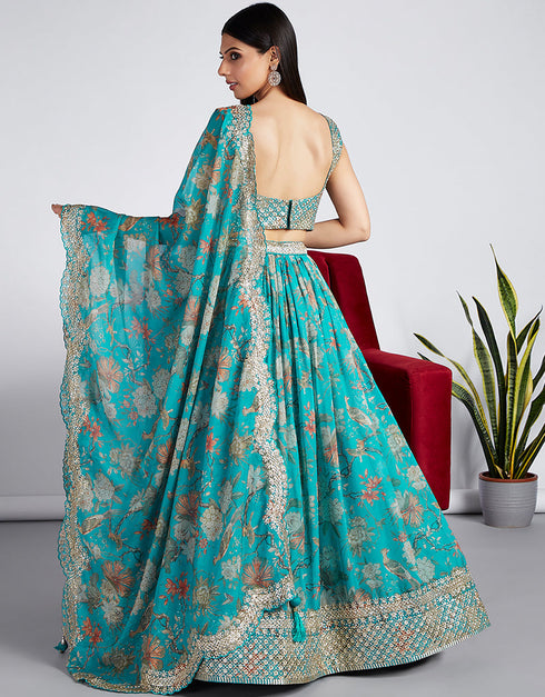 Designer Party Wear Heavy Lehenga Choli Collection Sea Green Organza Lehenga Choli Back View