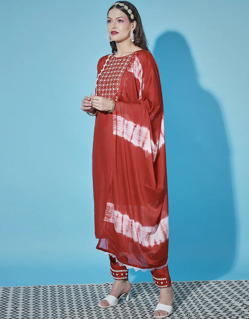 Traditional Function Wear Chinon Silk Readymade Suit Cherry Red Chinon Silk Pant Straight Close-up View