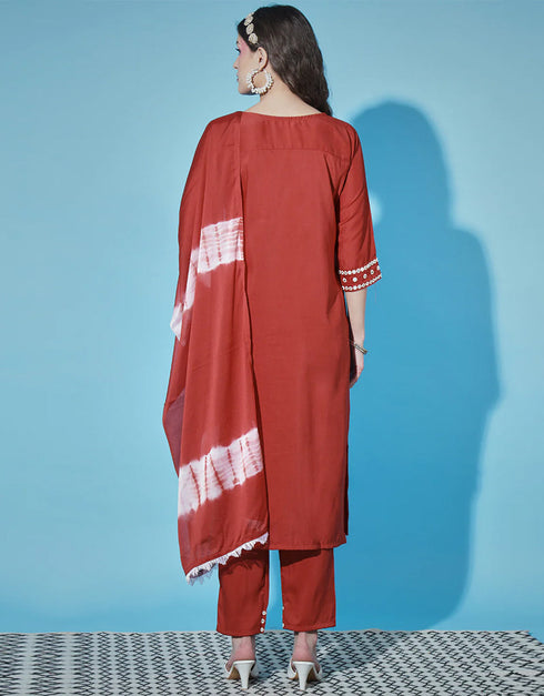 Traditional Function Wear Chinon Silk Readymade Suit Cherry Red Chinon Silk Pant Straight Side View