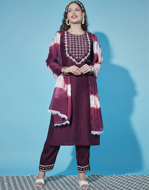 Traditional Function Wear Chinon Silk Readymade Suit Wine Chinon Silk Pant Straight Front View