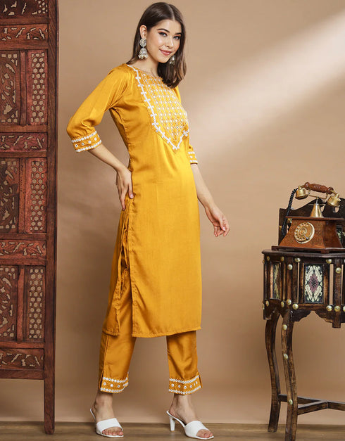 Traditional Function Wear Chinon Silk Readymade Suit Mustard Chinon Silk Pant Straight Back View