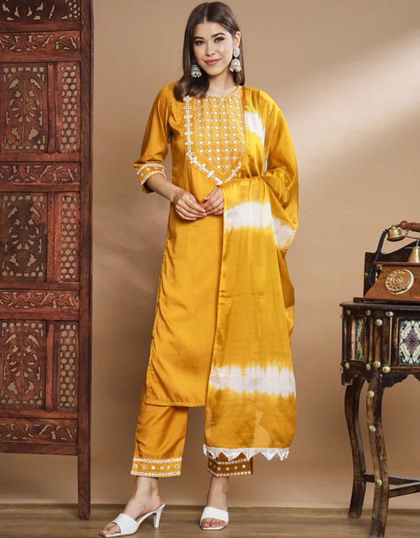 Traditional Function Wear Chinon Silk Readymade Suit Mustard Chinon Silk Pant Straight Front View