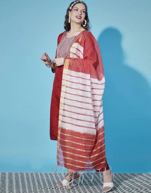 Traditional Function Wear Silk Blend Readymade Suit Cherry Red Silk Blend Pant Straight Close-up View