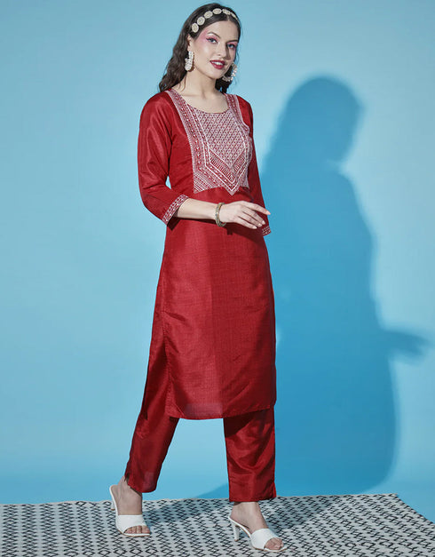 Traditional Function Wear Silk Blend Readymade Suit Cherry Red Silk Blend Pant Straight Back View