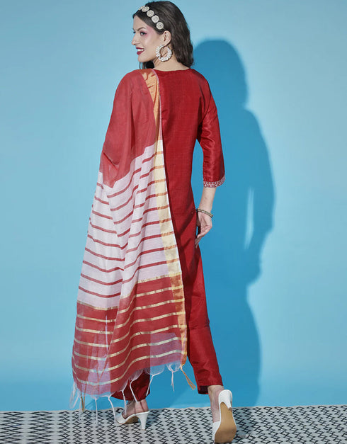 Traditional Function Wear Silk Blend Readymade Suit Cherry Red Silk Blend Pant Straight Side View