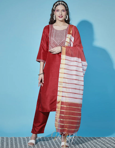 Traditional Function Wear Silk Blend Readymade Suit Cherry Red Silk Blend Pant Straight Front View