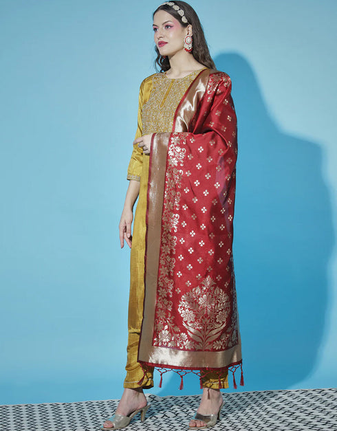 Traditional Function Wear Silk Blend Readymade Suit Mustard Silk Blend Pant Straight Close-up View