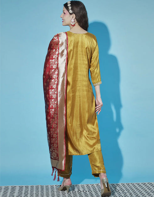 Traditional Function Wear Silk Blend Readymade Suit Mustard Silk Blend Pant Straight Side View