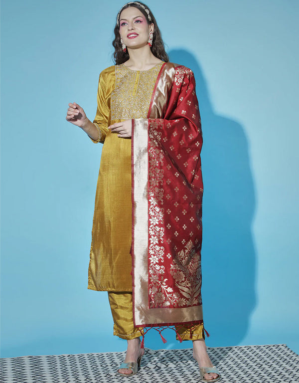 Traditional Function Wear Silk Blend Readymade Suit Mustard Silk Blend Pant Straight Front View
