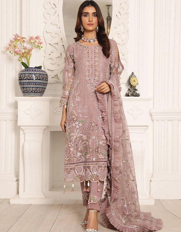 Designer Function Wear Butterfly Net Salwar Suit Collection Mauve Butterfly Net Pant Straight Front View