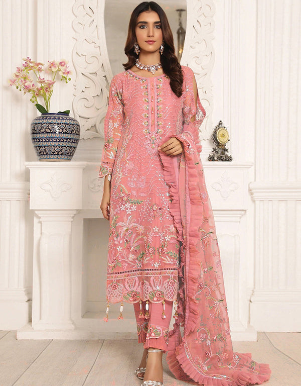 Designer Function Wear Butterfly Net Salwar Suit Collection Peach Pink Butterfly Net Pant Straight Front View