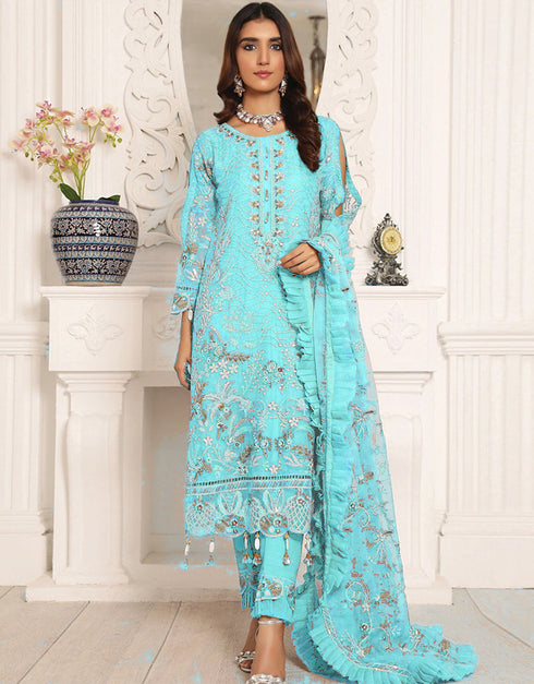 Designer Function Wear Butterfly Net Salwar Suit Collection Sky Blue Butterfly Net Pant Straight Front View