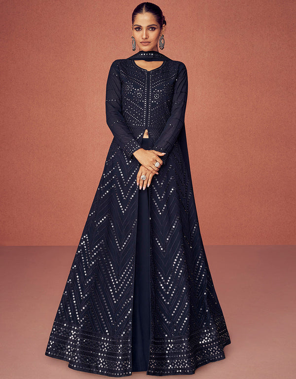 Designer Function Wear Real Georgette Salwar Suit Collection Navy Blue Real Georgette Pant Anarkali Front View