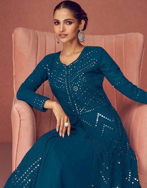Designer Function Wear Real Georgette Salwar Suit Collection Teal Real Georgette Pant Anarkali Close-up View