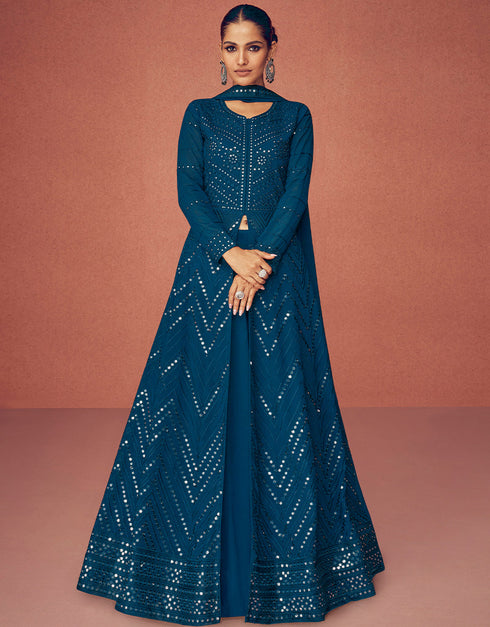 Designer Function Wear Real Georgette Salwar Suit Collection Teal Real Georgette Pant Anarkali Front View