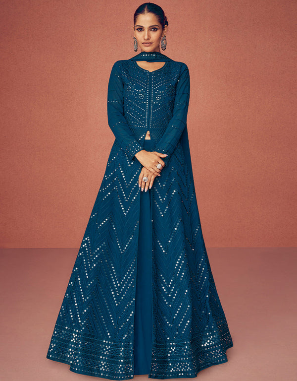 Designer Function Wear Real Georgette Salwar Suit Collection Teal Real Georgette Pant Anarkali Front View