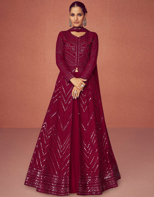 Designer Function Wear Real Georgette Salwar Suit Collection Maroon Real Georgette Pant Anarkali Front View