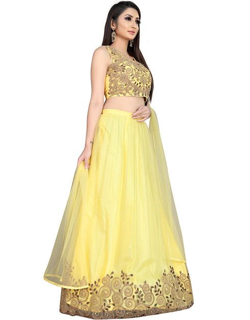 Function Wear Heavy Designer Fancy Lehenga Choli Yellow Nylon Net Lehenga Choli Close-up View
