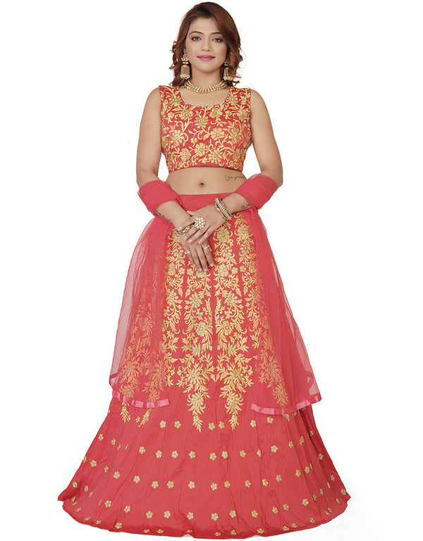 Function Wear Heavy Designer Fancy Lehenga Choli Peach Cotton Lehenga Choli Front View