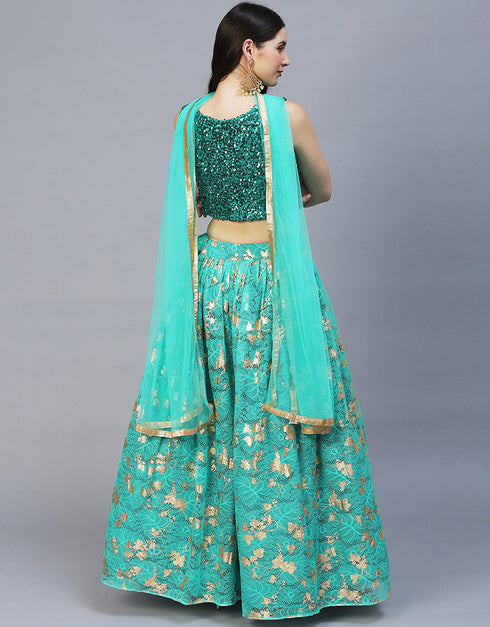 Function Wear Heavy Designer Fancy Lehenga Choli Teal Green Sequined Fabric Lehenga Choli Close-up View