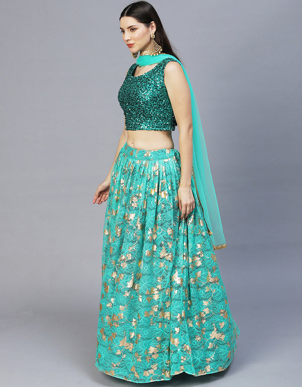 Function Wear Heavy Designer Fancy Lehenga Choli Teal Green Sequined Fabric Lehenga Choli Front View