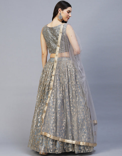 Function Wear Heavy Designer Fancy Lehenga Choli Grey Sequined Fabric Lehenga Choli Back View