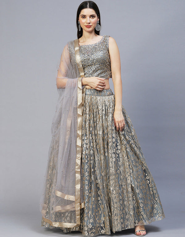 Function Wear Heavy Designer Fancy Lehenga Choli Grey Sequined Fabric Lehenga Choli Front View