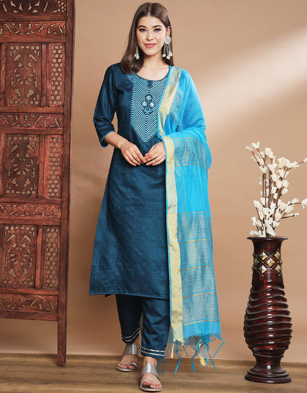 Traditional Function Wear Pure Silk Blend Readymade Suit Teal Blue Pure Silk Blend Pant Straight Front View