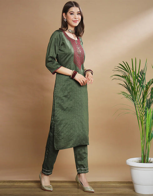 Traditional Function Wear Pure Silk Blend Readymade Suit Mehndi Pure Silk Blend Pant Straight Back View