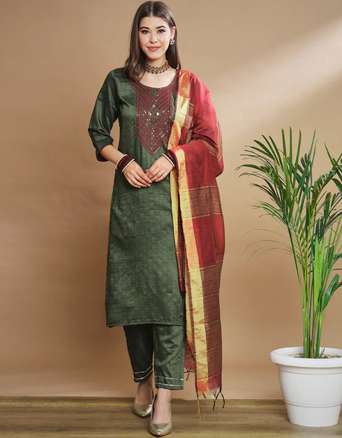 Traditional Function Wear Pure Silk Blend Readymade Suit Mehndi Pure Silk Blend Pant Straight Front View