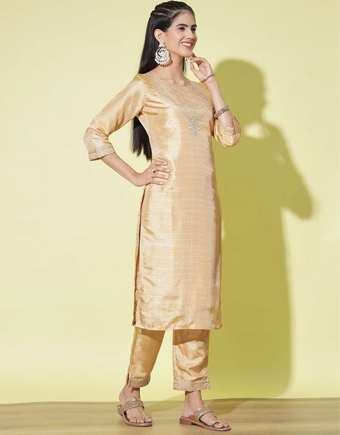 Traditional Function Wear Silk Blend Readymade Suit Cream Silk Blend Pant Straight Back View